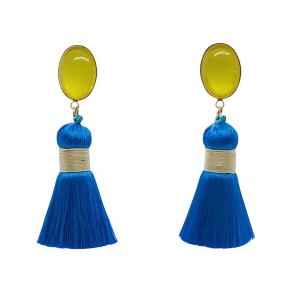 Tasselohrring in blau mit Cabochonstecker in gelb